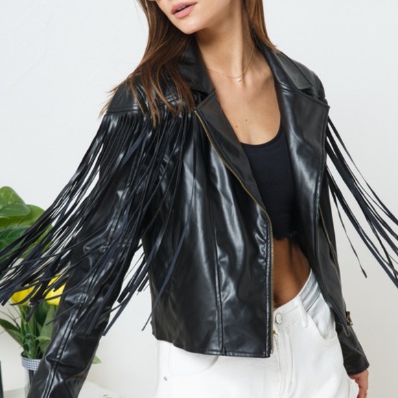 New Boutique So Soft Faux Leather Moto Fringe Jacket - Picture 3 of 7